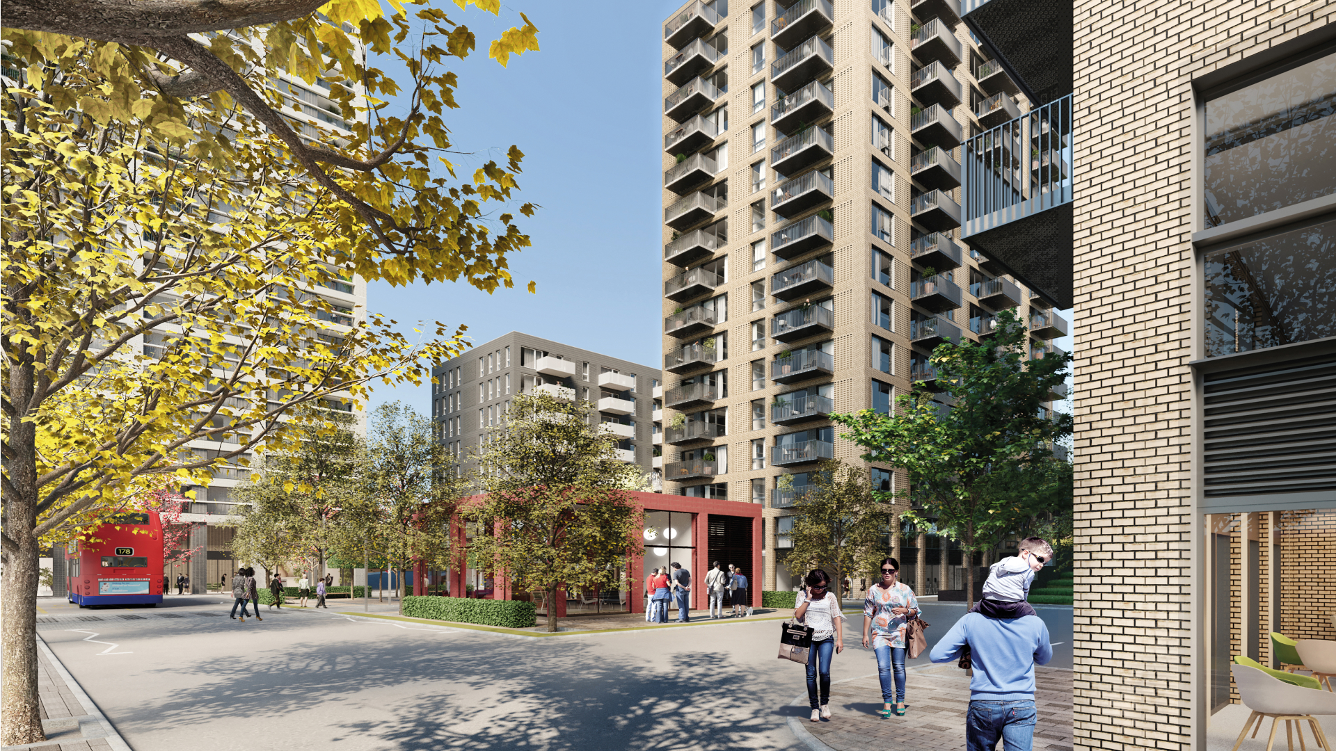 Outdoor communal space thriving with people below a range of apartment buildings
